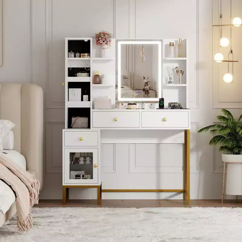 Coiffeuse de maquillage avec miroir éclairé, coiffeuse avec lumières en 3 couleurs, table de maquillage blanche avec station de charge et armoire visible