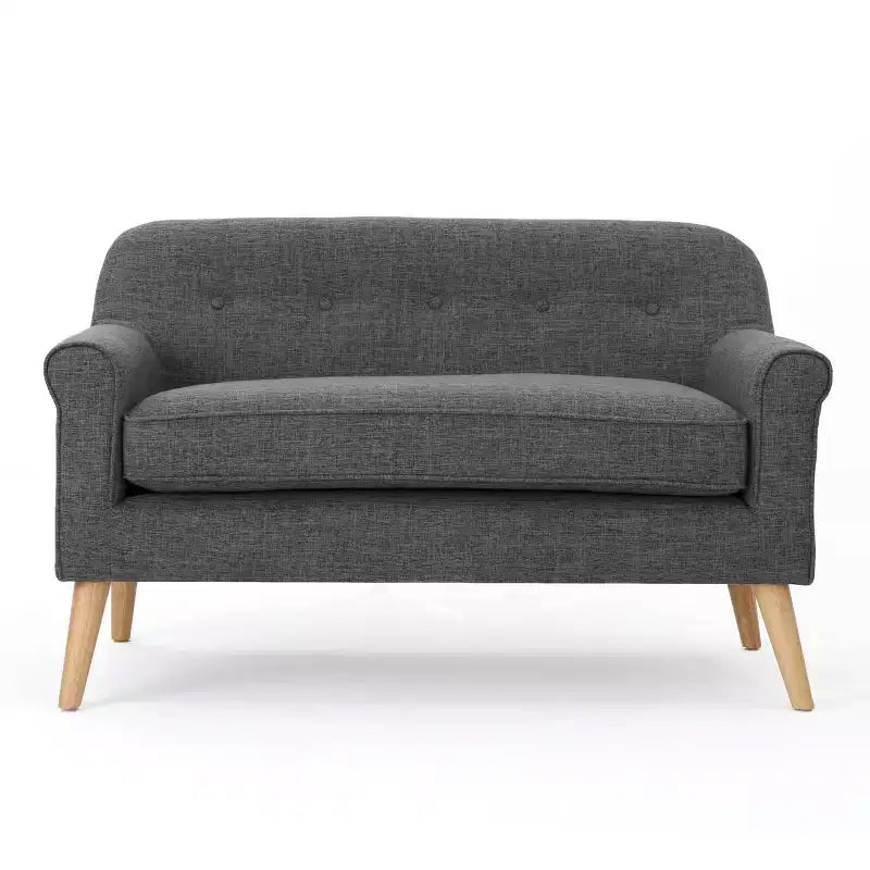 Causeuse capitonnée Mid-Century Modern avec accoudoirs arrondis et pieds évasés en hévéa