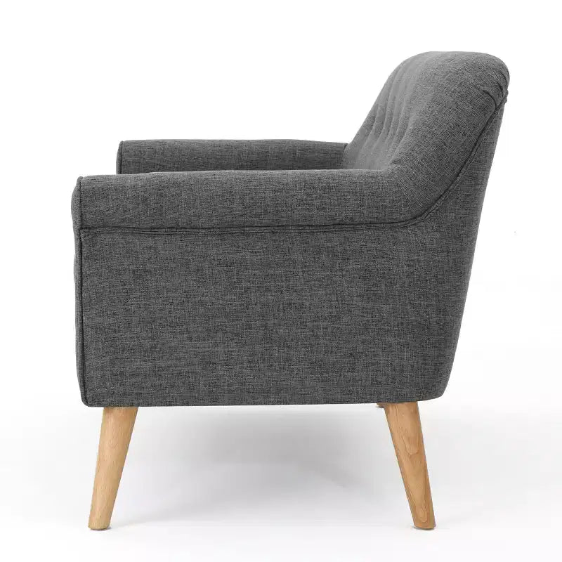 Causeuse capitonnée Mid-Century Modern avec accoudoirs arrondis et pieds évasés en hévéa