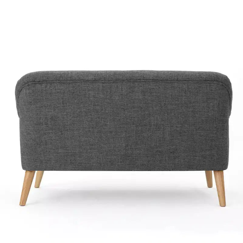 Causeuse capitonnée Mid-Century Modern avec accoudoirs arrondis et pieds évasés en hévéa