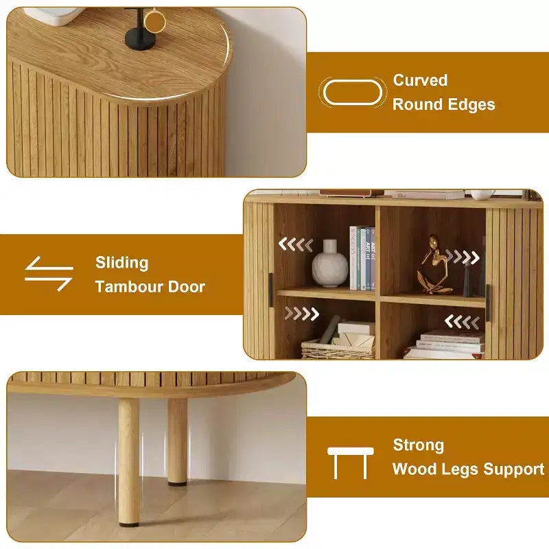 Bahut à portes coulissantes cannelées de 120 cm, Meuble de rangement moderne en bois avec étagères réglables, pour salon, cuisine, salle à manger