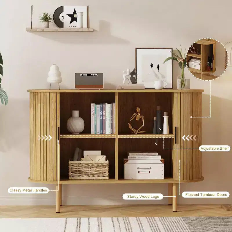Bahut à portes coulissantes cannelées de 120 cm, Meuble de rangement moderne en bois avec étagères réglables, pour salon, cuisine, salle à manger