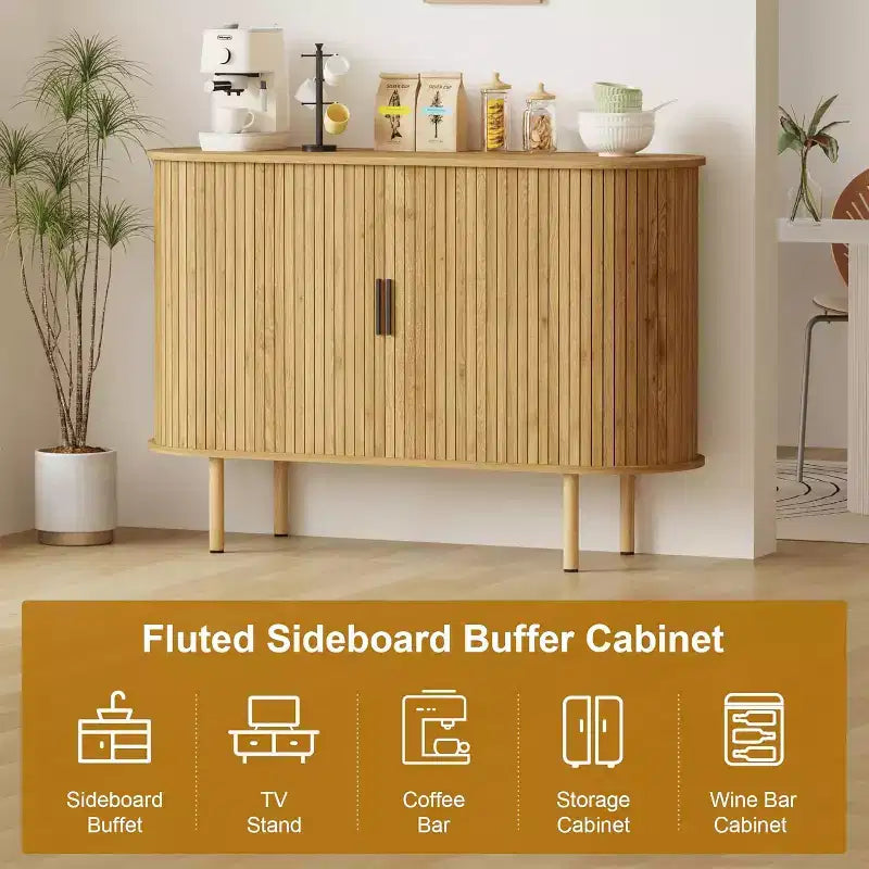 Bahut à portes coulissantes cannelées de 120 cm, Meuble de rangement moderne en bois avec étagères réglables, pour salon, cuisine, salle à manger