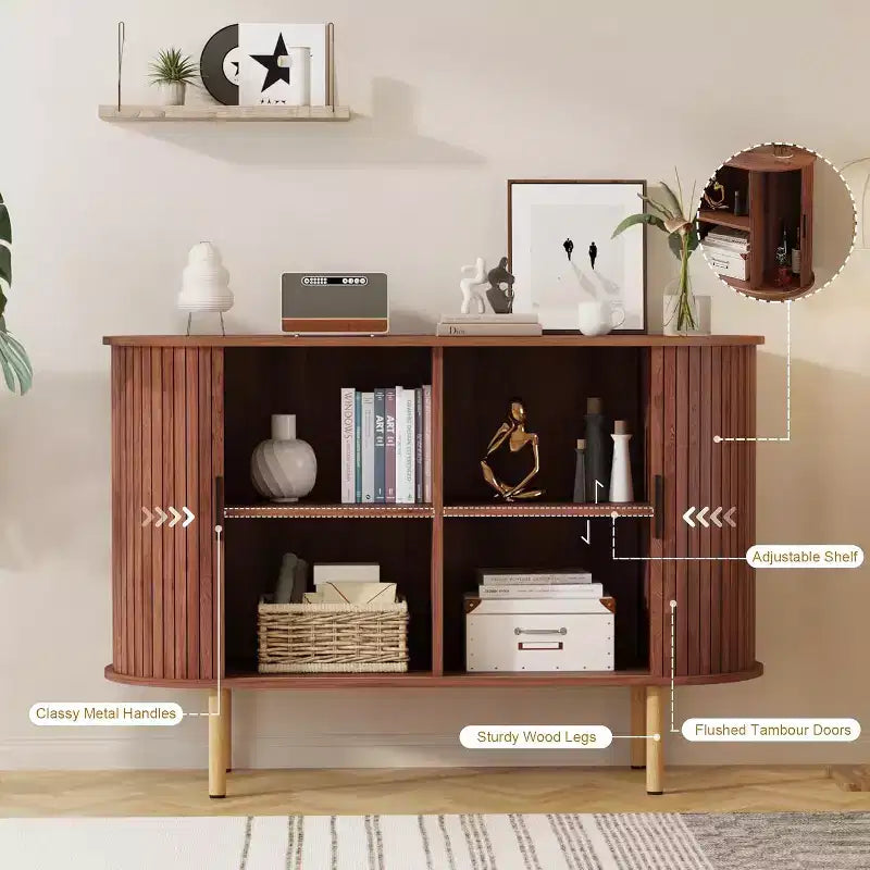 Bahut à portes coulissantes cannelées de 120 cm, Meuble de rangement moderne en bois avec étagères réglables, pour salon, cuisine, salle à manger