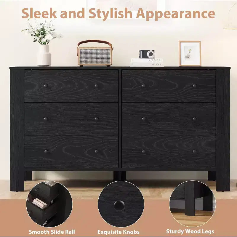 Commode à 6 tiroirs pour chambre à coucher, commode de placard avec poignées robustes, meuble de rangement en bois pour salon, chambre de bébé, entrée