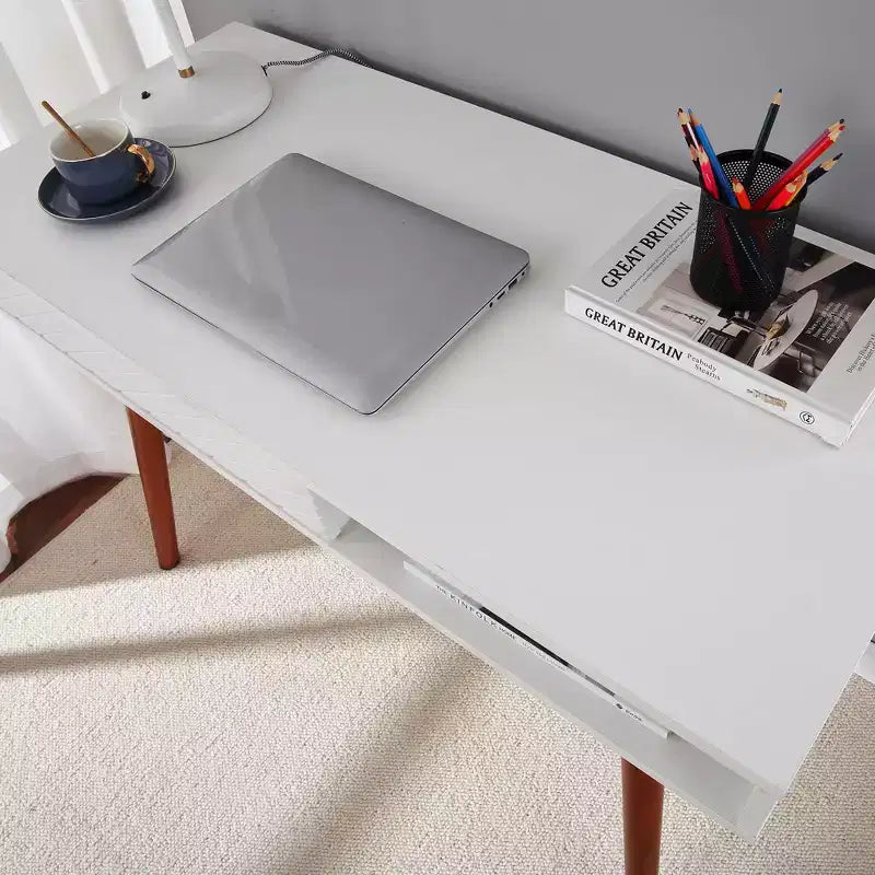 Bureau informatique 109 cm, petite table d'écriture de bureau - Bureau de travail moderne et simple avec tiroir et rangement ouvert, blanc pour chambre à coucher