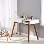 Bureau informatique 109 cm, petite table d'écriture de bureau - Bureau de travail moderne et simple avec tiroir et rangement ouvert, blanc pour chambre à coucher
