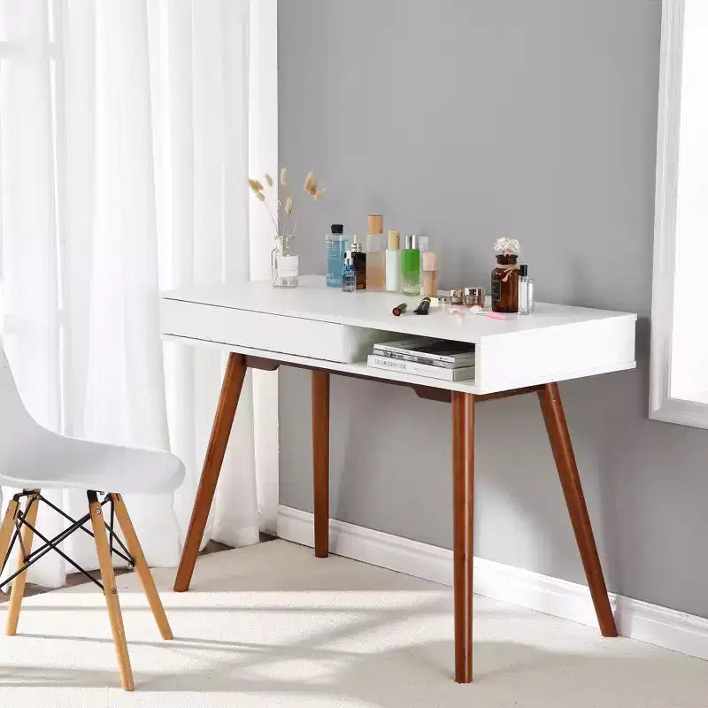 Bureau informatique 109 cm, petite table d'écriture de bureau - Bureau de travail moderne et simple avec tiroir et rangement ouvert, blanc pour chambre à coucher