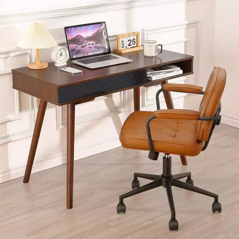 Bureau informatique 109 cm, petite table d'écriture de bureau - Bureau de travail moderne et simple avec tiroir et rangement ouvert, blanc pour chambre à coucher