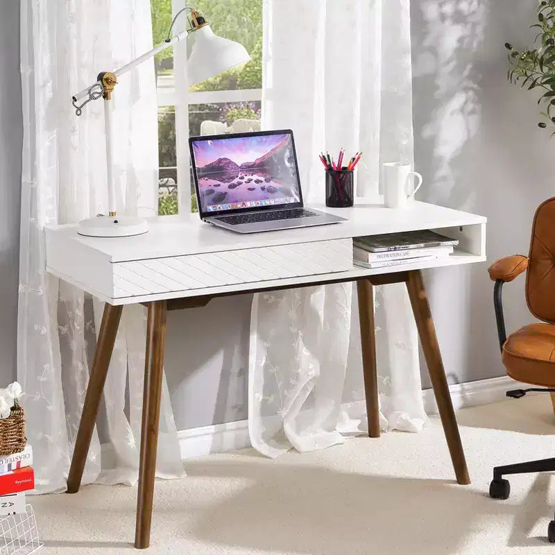 Bureau informatique 109 cm, petite table d'écriture de bureau - Bureau de travail moderne et simple avec tiroir et rangement ouvert, blanc pour chambre à coucher