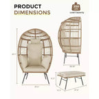 Fauteuil œuf en osier avec ottoman, fauteuil œuf en rotin avec coussin épais, fauteuil œuf confortable en rotin pour patio, porche, jardin intérieur/extérieur