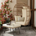 Fauteuil œuf en osier avec ottoman, fauteuil œuf en rotin avec coussin épais, fauteuil œuf confortable en rotin pour patio, porche, jardin intérieur/extérieur