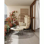 Fauteuil œuf en osier avec ottoman, fauteuil œuf en rotin avec coussin épais, fauteuil œuf confortable en rotin pour patio, porche, jardin intérieur/extérieur