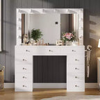 Coiffeuse avec Miroir, Lumières LED et Prise Électrique, Table de Maquillage avec 11 Tiroirs pour Chambre à Coucher, Dressing (Blanc)