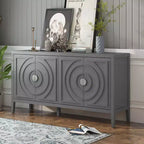Enfilade rétro avec motif à rainures circulaires et poignée de porte ronde en métal pour entrée de salle à manger, gris