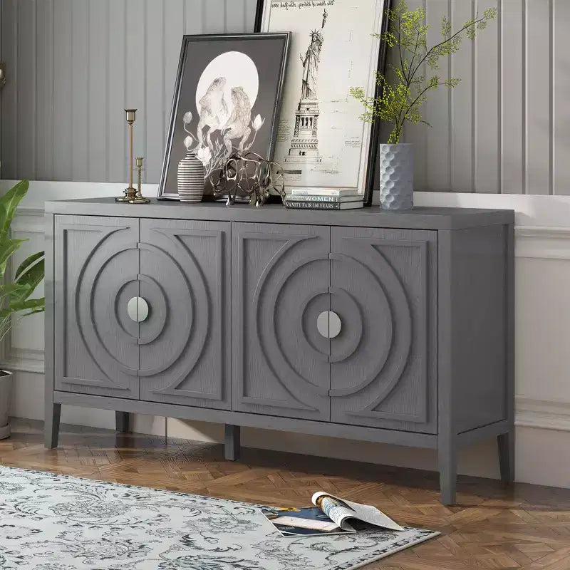 Enfilade rétro avec motif à rainures circulaires et poignée de porte ronde en métal pour entrée de salle à manger, gris