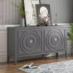 Enfilade rétro avec motif à rainures circulaires et poignée de porte ronde en métal pour entrée de salle à manger, gris