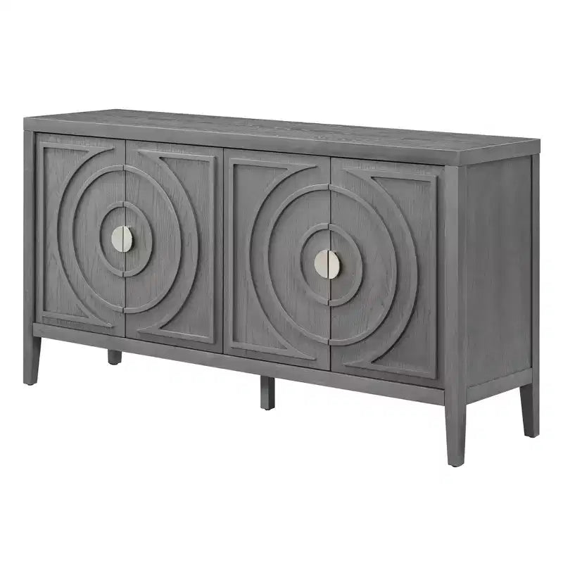 Enfilade rétro avec motif à rainures circulaires et poignée de porte ronde en métal pour entrée de salle à manger, gris