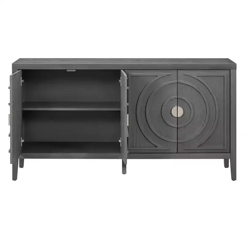 Enfilade rétro avec motif à rainures circulaires et poignée de porte ronde en métal pour entrée de salle à manger, gris