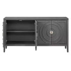 Enfilade rétro avec motif à rainures circulaires et poignée de porte ronde en métal pour entrée de salle à manger, gris