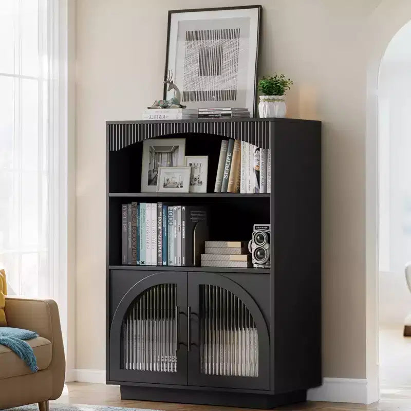 Bibliothèque de 117 cm avec portes, bibliothèque noire avec porte vitrée, petite bibliothèque à 3 étagères