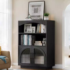 Bibliothèque de 117 cm avec portes, bibliothèque noire avec porte vitrée, petite bibliothèque à 3 étagères