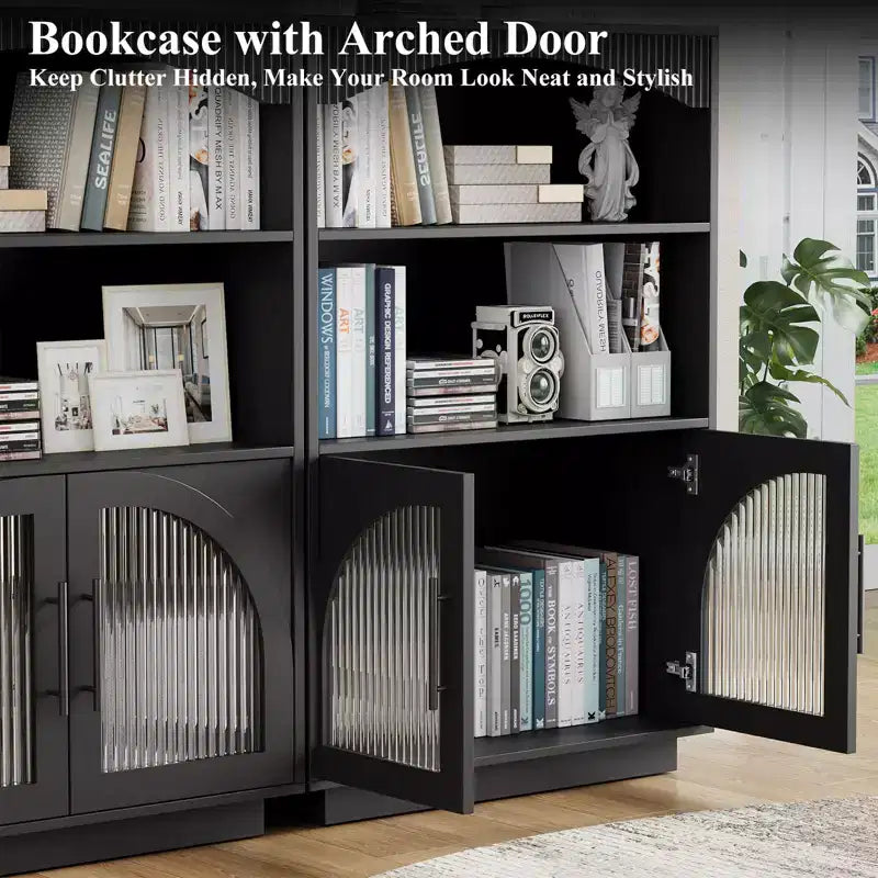 Bibliothèque de 117 cm avec portes, bibliothèque noire avec porte vitrée, petite bibliothèque à 3 étagères