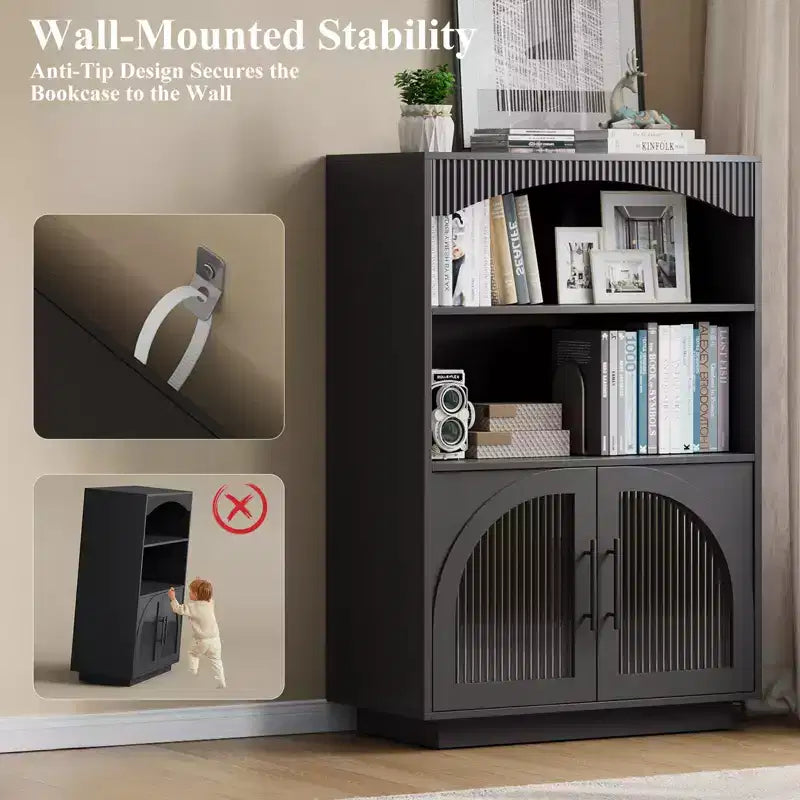 Bibliothèque de 117 cm avec portes, bibliothèque noire avec porte vitrée, petite bibliothèque à 3 étagères