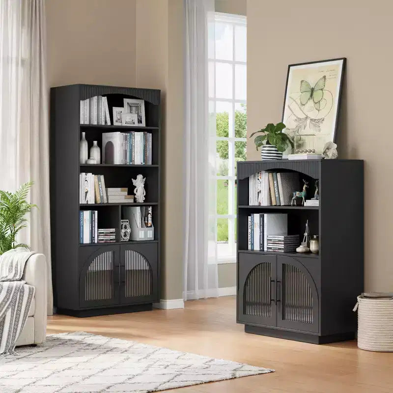 Bibliothèque de 117 cm avec portes, bibliothèque noire avec porte vitrée, petite bibliothèque à 3 étagères