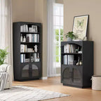 Bibliothèque de 117 cm avec portes, bibliothèque noire avec porte vitrée, petite bibliothèque à 3 étagères