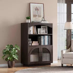 Bibliothèque de 117 cm avec portes, bibliothèque noire avec porte vitrée, petite bibliothèque à 3 étagères