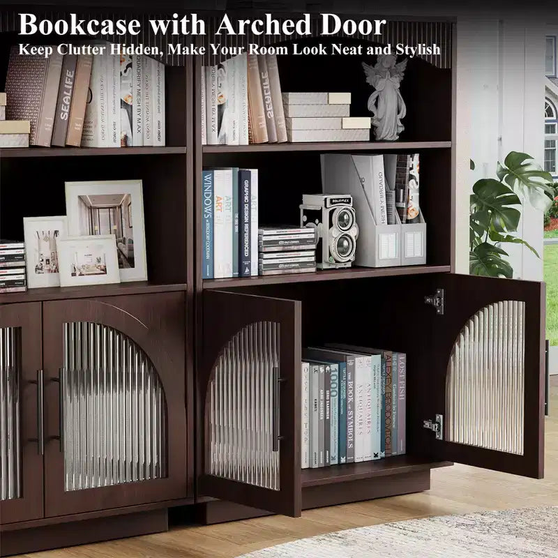 Bibliothèque de 117 cm avec portes, bibliothèque noire avec porte vitrée, petite bibliothèque à 3 étagères