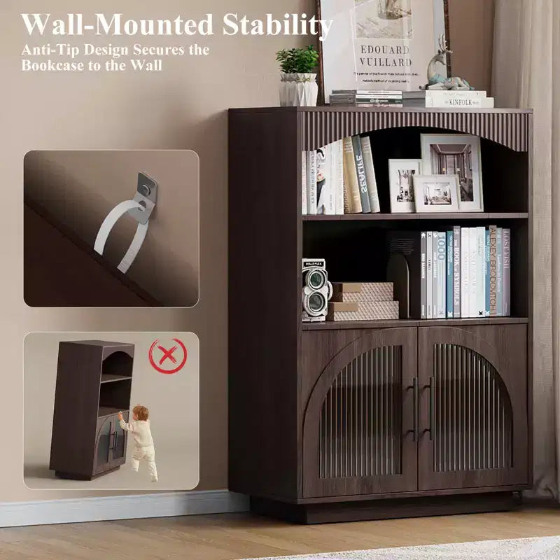 Bibliothèque de 117 cm avec portes, bibliothèque noire avec porte vitrée, petite bibliothèque à 3 étagères