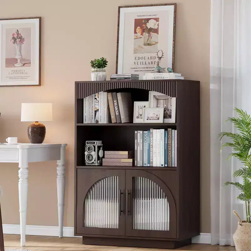 Bibliothèque de 117 cm avec portes, bibliothèque noire avec porte vitrée, petite bibliothèque à 3 étagères