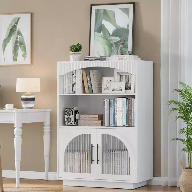 Bibliothèque de 117 cm avec portes, bibliothèque noire avec porte vitrée, petite bibliothèque à 3 étagères