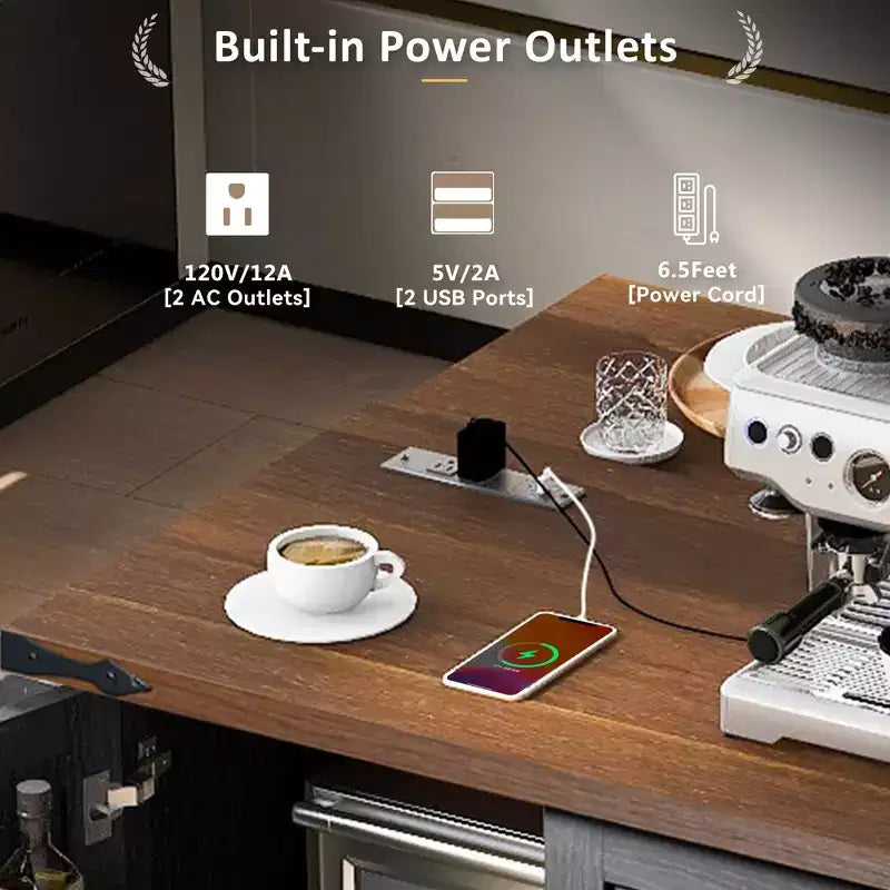 Îlot de cuisine roulant de style ferme de 138,4 cm avec prise électrique, étagère de rangement, rabat et porte-épices