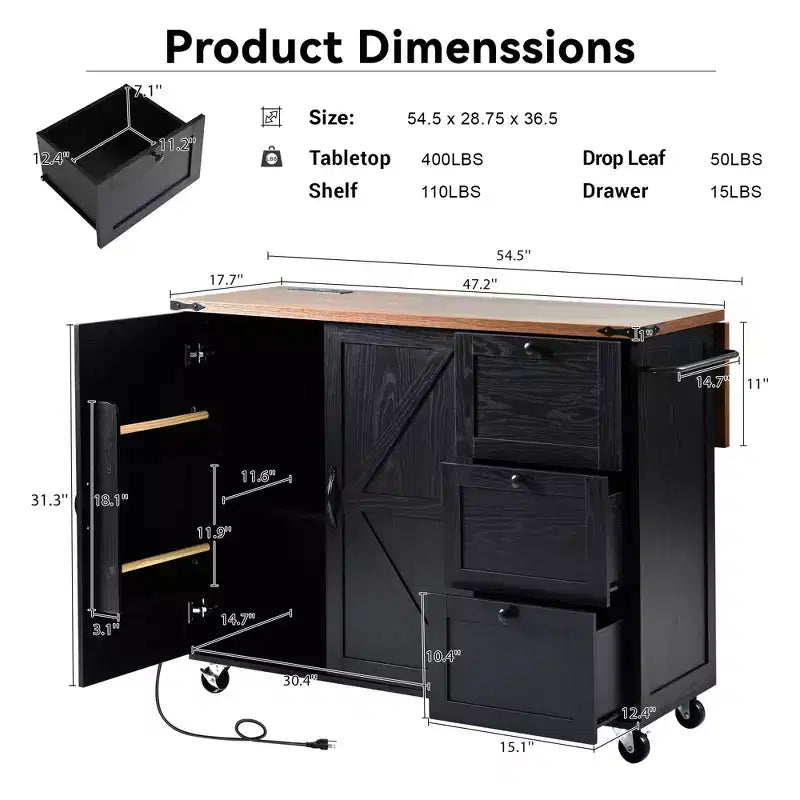 Îlot de cuisine roulant de style ferme de 138,4 cm avec prise électrique, étagère de rangement, rabat et porte-épices
