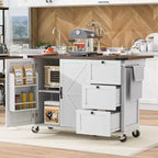 Îlot de cuisine roulant de style ferme de 138,4 cm avec prise électrique, étagère de rangement, rabat et porte-épices