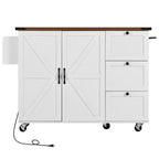 Îlot de cuisine roulant de style ferme de 138,4 cm avec prise électrique, étagère de rangement, rabat et porte-épices