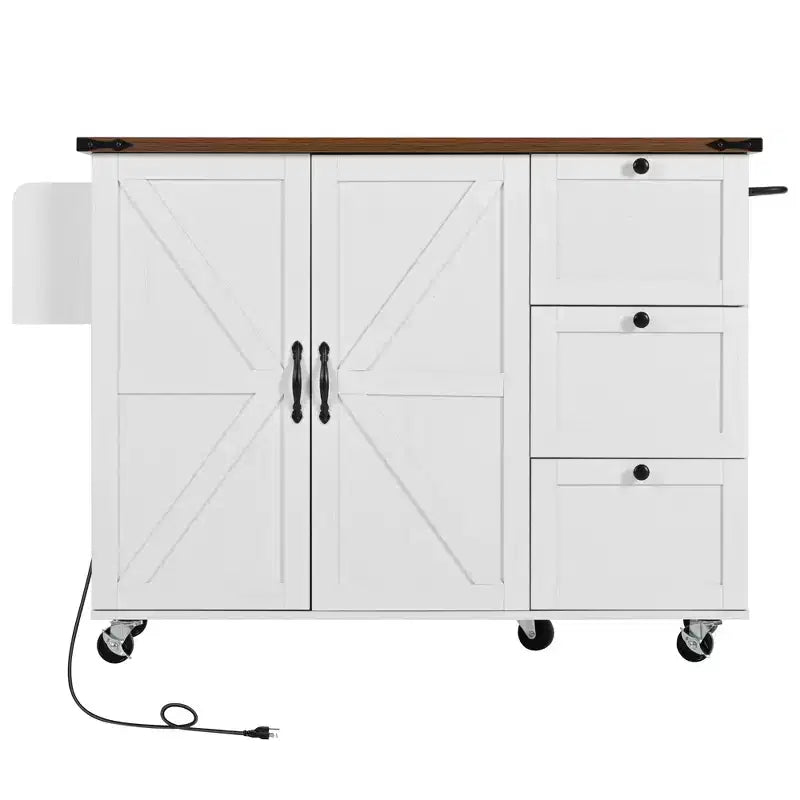 Îlot de cuisine roulant de style ferme de 138,4 cm avec prise électrique, étagère de rangement, rabat et porte-épices