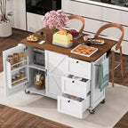 Îlot de cuisine roulant de style ferme de 138,4 cm avec prise électrique, étagère de rangement, rabat et porte-épices