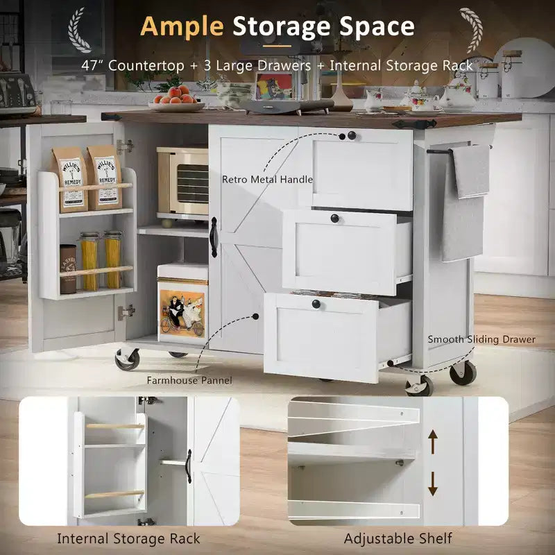 Îlot de cuisine roulant de style ferme de 138,4 cm avec prise électrique, étagère de rangement, rabat et porte-épices