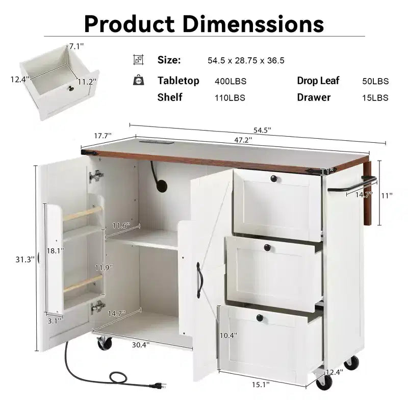 Îlot de cuisine roulant de style ferme de 138,4 cm avec prise électrique, étagère de rangement, rabat et porte-épices