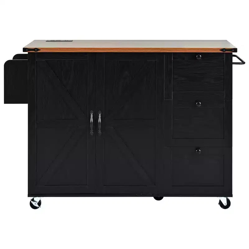 Îlot de cuisine roulant de style ferme de 138,4 cm avec prise électrique, étagère de rangement, rabat et porte-épices