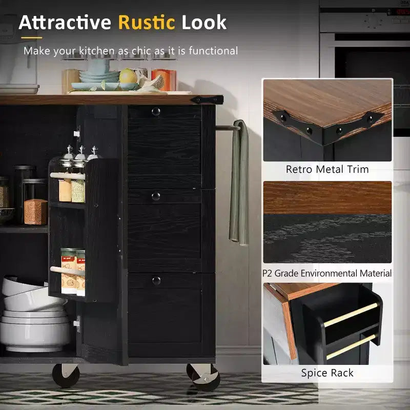 Îlot de cuisine roulant de style ferme de 138,4 cm avec prise électrique, étagère de rangement, rabat et porte-épices