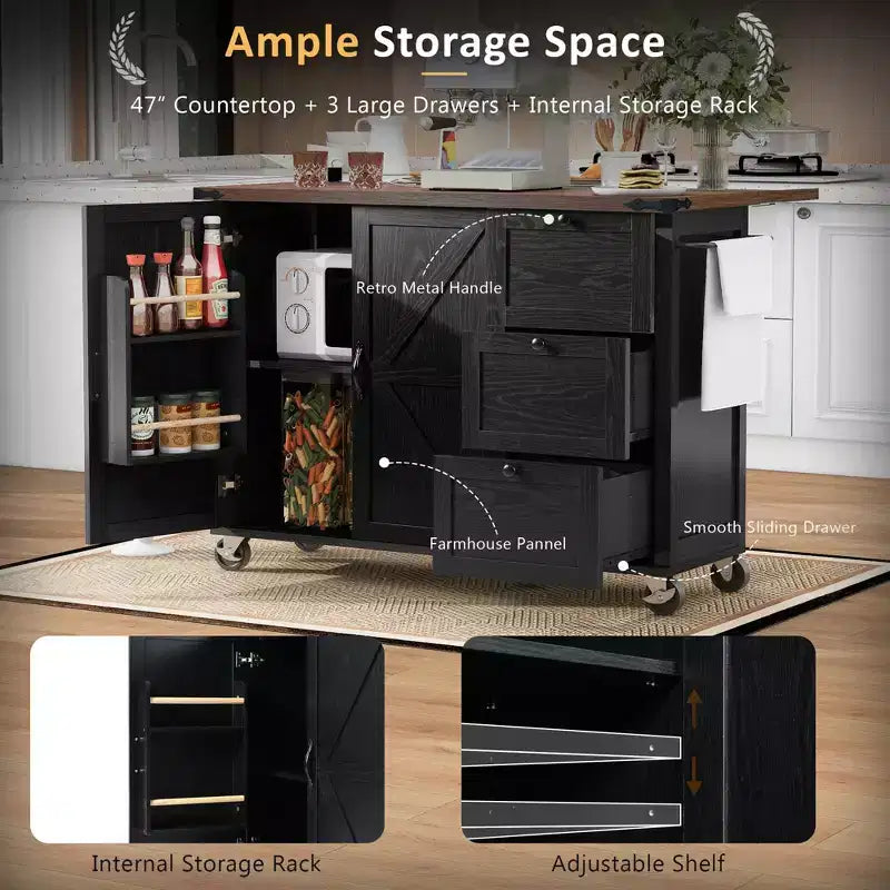 Îlot de cuisine roulant de style ferme de 138,4 cm avec prise électrique, étagère de rangement, rabat et porte-épices