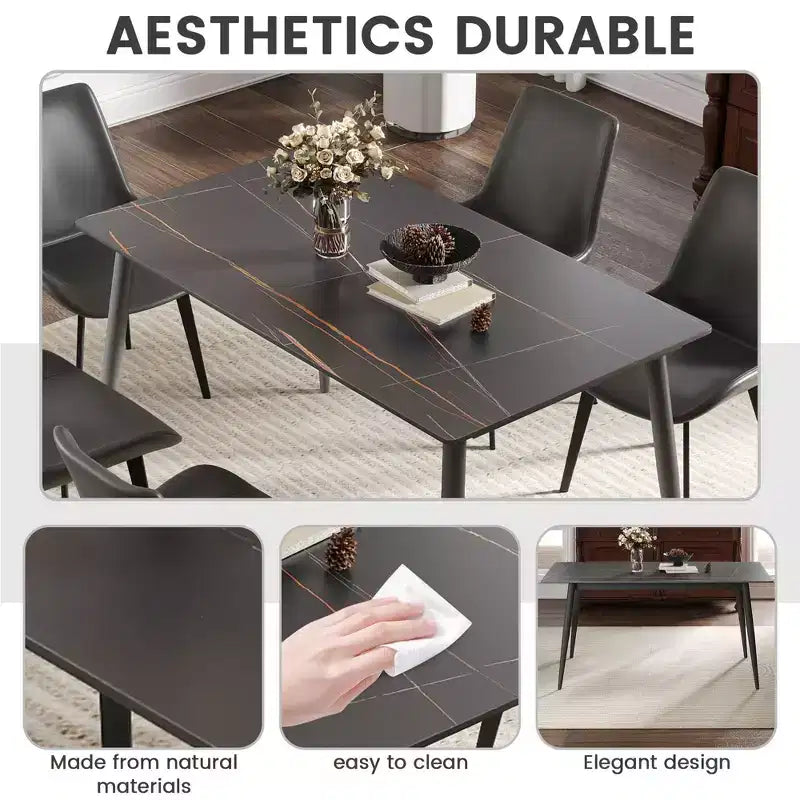 Table de salle à manger moderne de 55 po avec pieds en métal pour 6 personnes, table de cuisine en pierre artificielle pour salle à manger