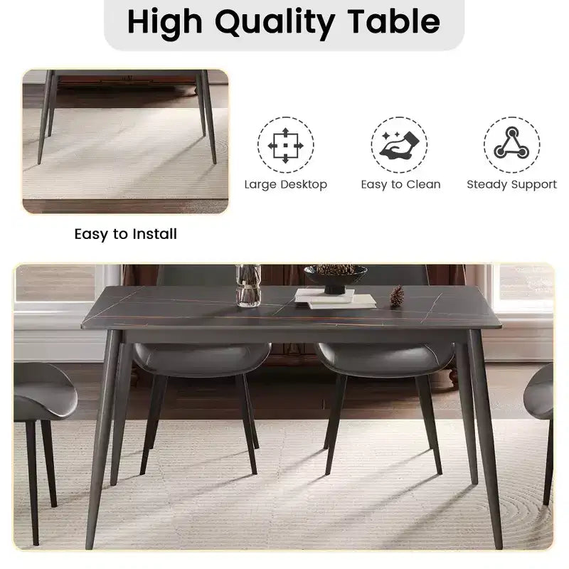 Table de salle à manger moderne de 55 po avec pieds en métal pour 6 personnes, table de cuisine en pierre artificielle pour salle à manger