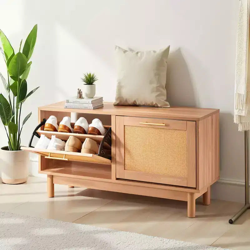 Banc à Chaussures d'Entrée, 39,4x11,8x20,9 Pouces Banc à Chaussures Effet Rotin avec 2 Tiroirs Basculants, Étagère à Chaussures 300 lbs avec 4 Compartiments, Marron