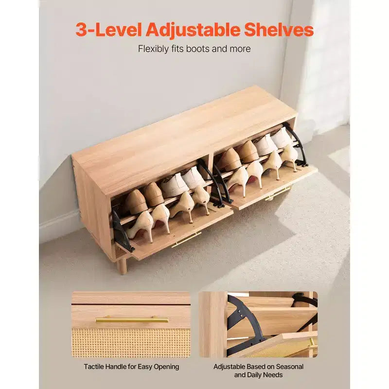Banc à Chaussures d'Entrée, 39,4x11,8x20,9 Pouces Banc à Chaussures Effet Rotin avec 2 Tiroirs Basculants, Étagère à Chaussures 300 lbs avec 4 Compartiments, Marron